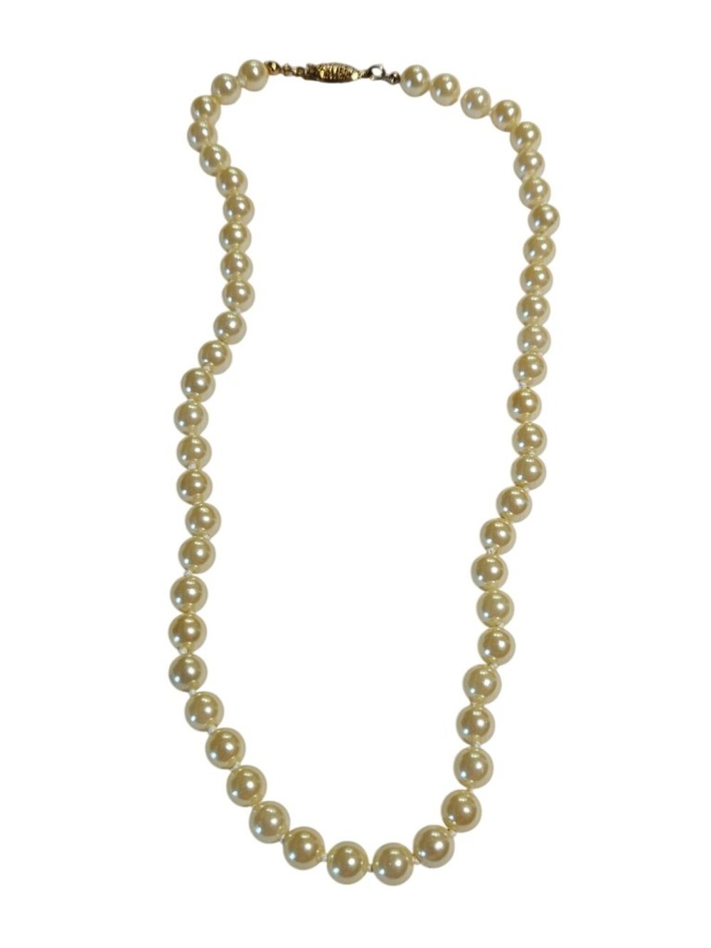 Vintage Glass Faux Pearl Knotted Beaded Necklace Goldtone Fishhook Clasp 19 inch